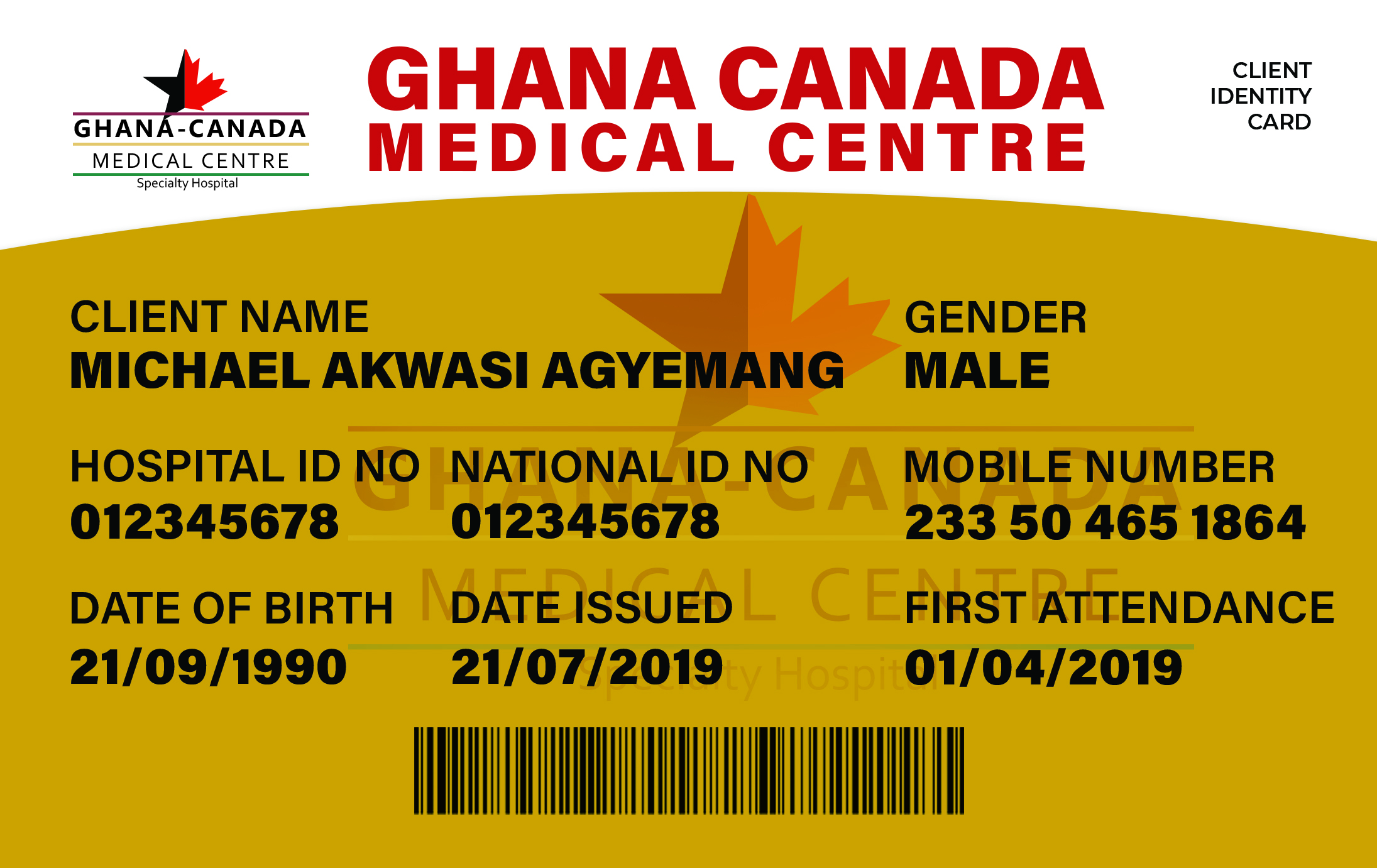 ghana canada med cent patient id card - front filled