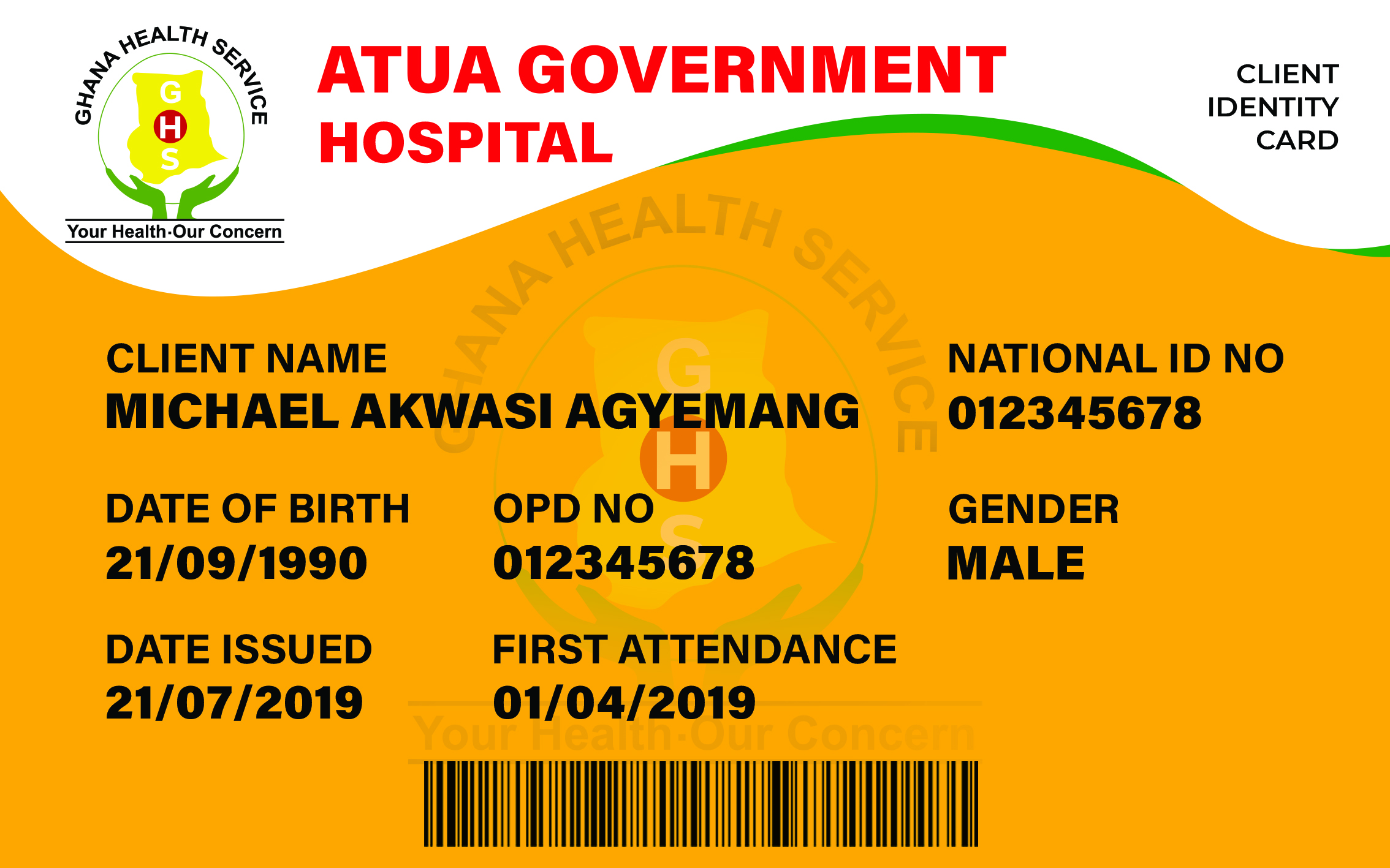 patient id card front filled - atua govt hosp